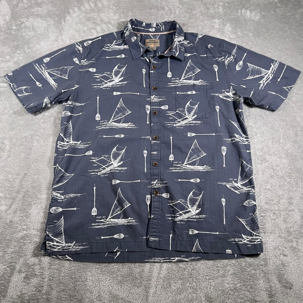 Quiksilver Waterman Hawaiian Shirt‎ Mens Large Canoe Button Up Aloha Vacation